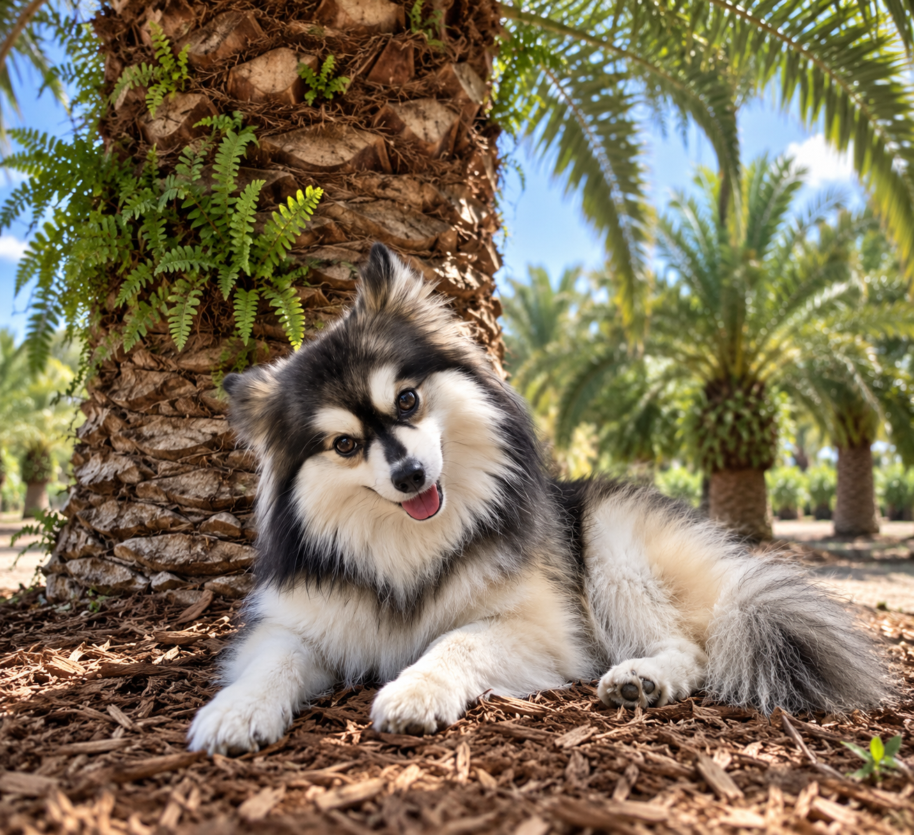 Charlie, el cachorro de palmera ejecutivo de Groundworks, relajándose a la sombra de una palmera sobre un lecho de mantillo.
